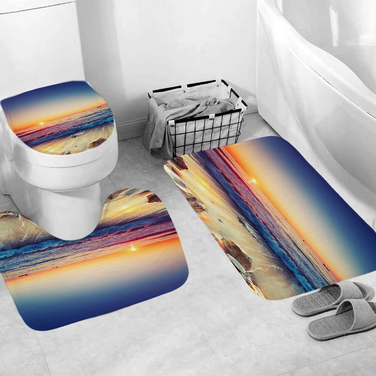 DDS-DUDES Beach Sunset Shower Curtain for Bathroom, Ocean Sunrise Red Blue Sky Scenery Waterproof Polyester Curtains with Hooks Non-Slip Mat 71WX71H Inch(Sunset 3)