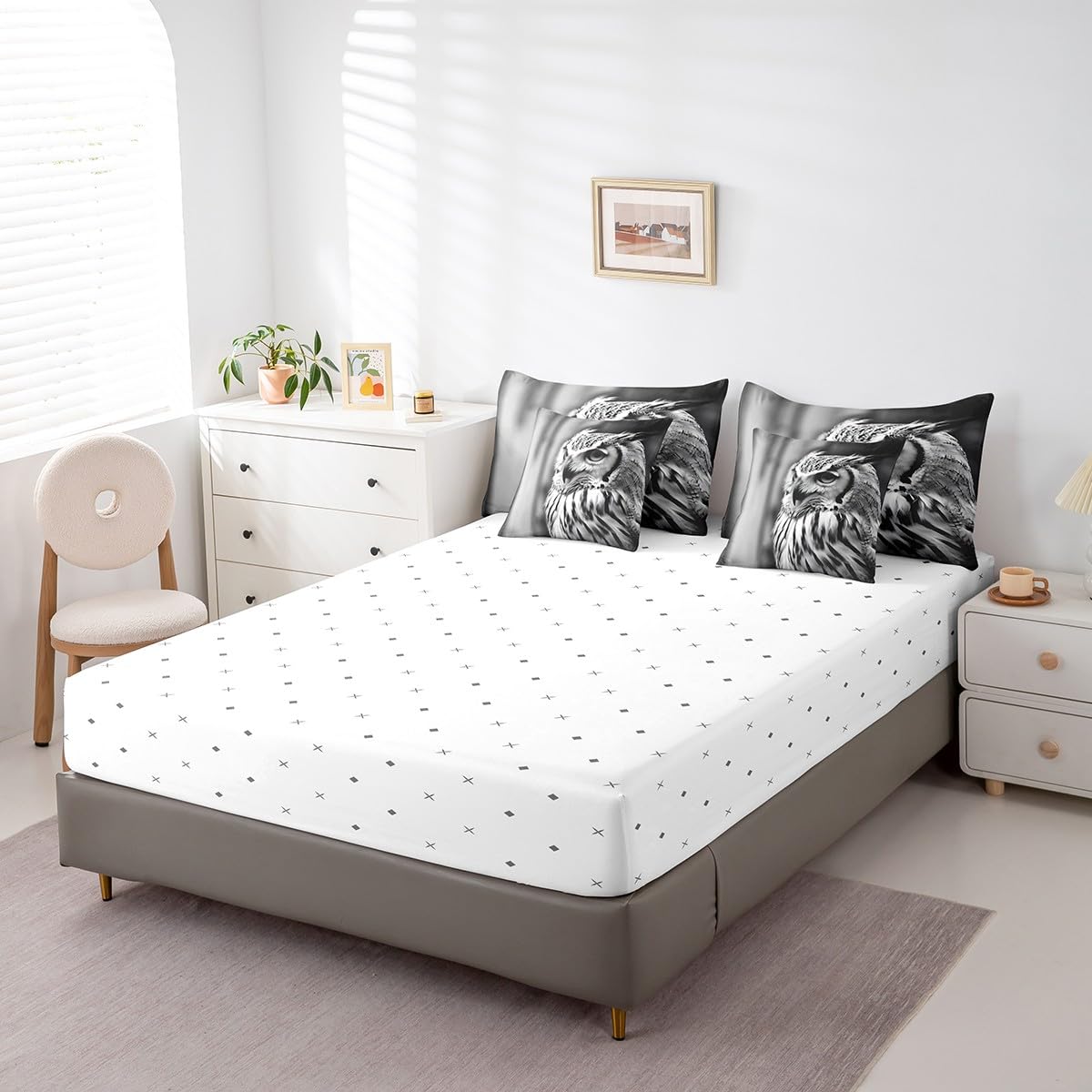 Erosebridal 7-Piece Owl Animal Comforter Set Queen Size, Owl Bed in a Bag Bedroom Comforter with Sheets (1 Comforter, 1 Flat Sheet 1 Fitted Sheet 2 Pillowcases and 2 Pillow Shams), Black Grey