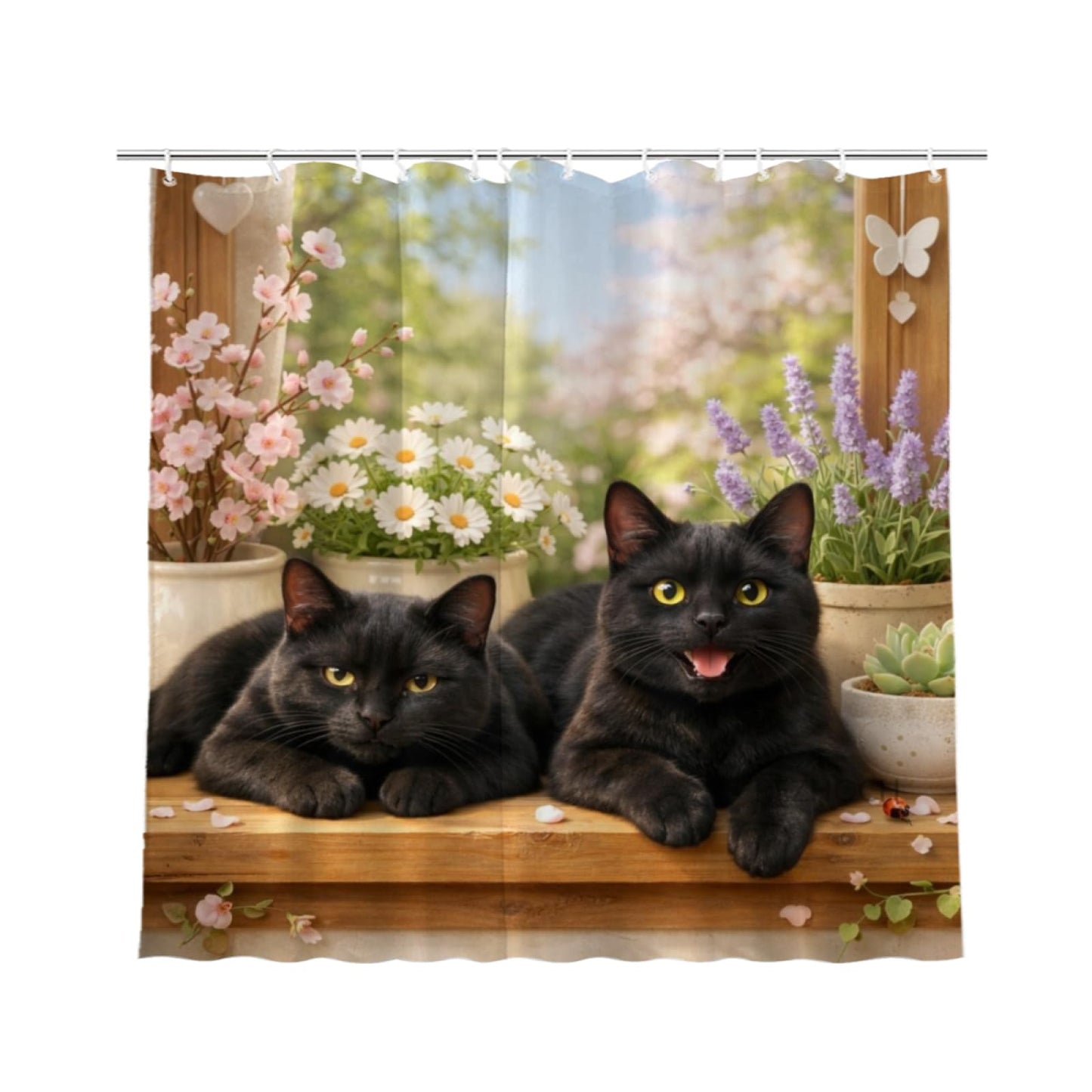 REZHOCH Fun Black Cat Shower Curtain 72x72Inch Cute Animals Home Bathroom Decor,Spring Summer Floral Window Scene Rustic Farmhouse Plants Soft Pastel Nature Waterproof Bath Set