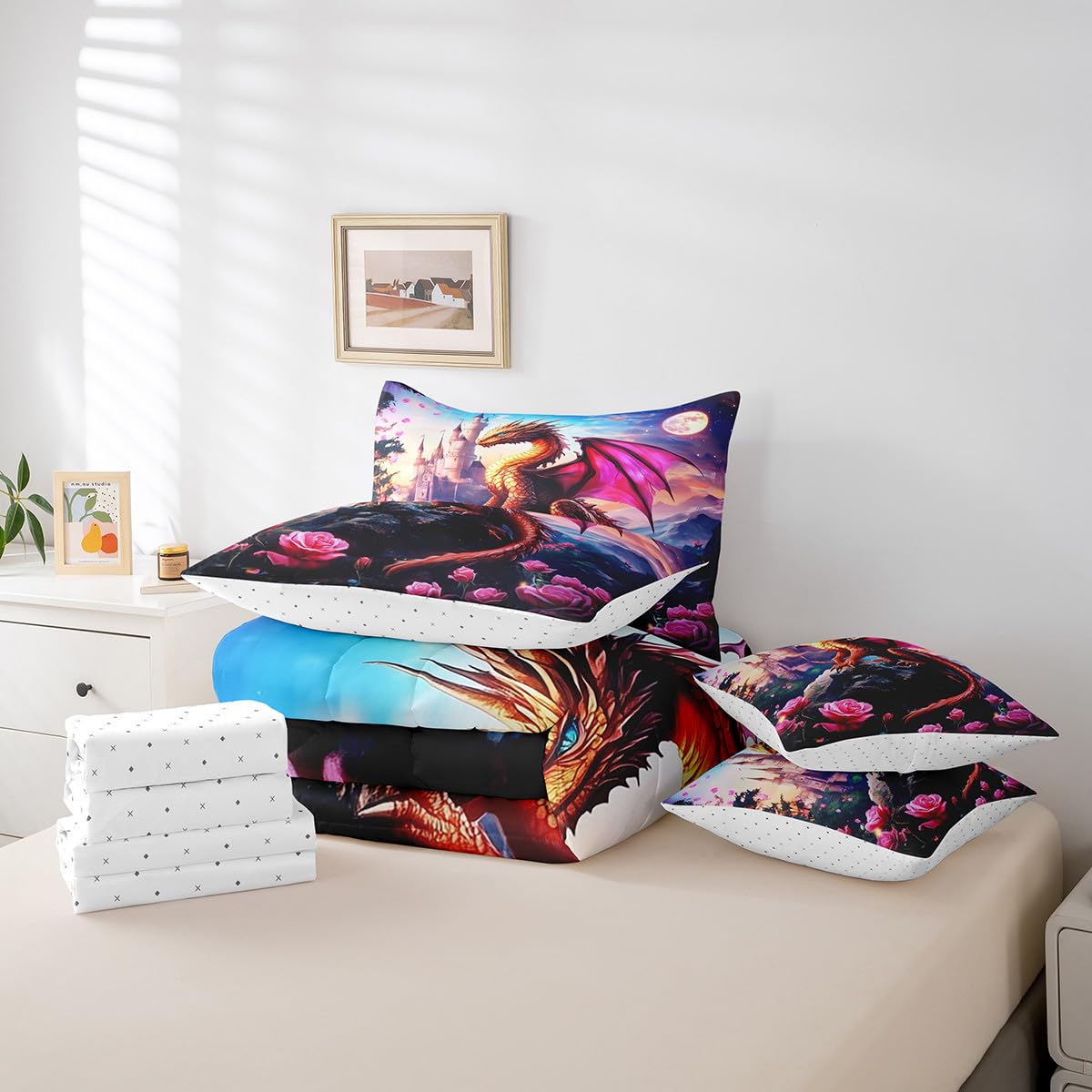 7 Pieces Rose Castle Dragon Comforter Set Queen,Blossom Flower Animal Bed Set for Kids Boys Girls,Fantasy Wildlife Bedding(1 Comforter,1 Fitted Sheet,1 Flat Sheet,2 Pillowcases,2 Throw Pillow Cover)