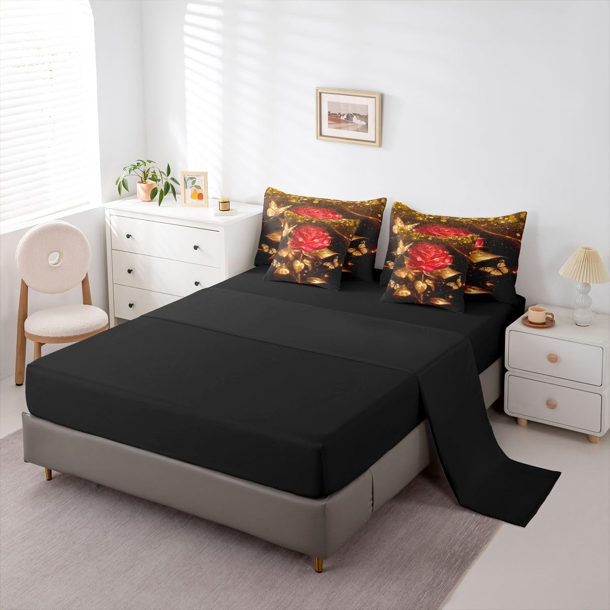 Erosebridal Red Gold Rose Queen Bedding Set 7 Piece Romantic Glitter Butterfly Roses Bed in A Bag with Sheets Valentine Day Gift Comforter Set for Women Men Adults,Golden Floral Flowers Bed Sets