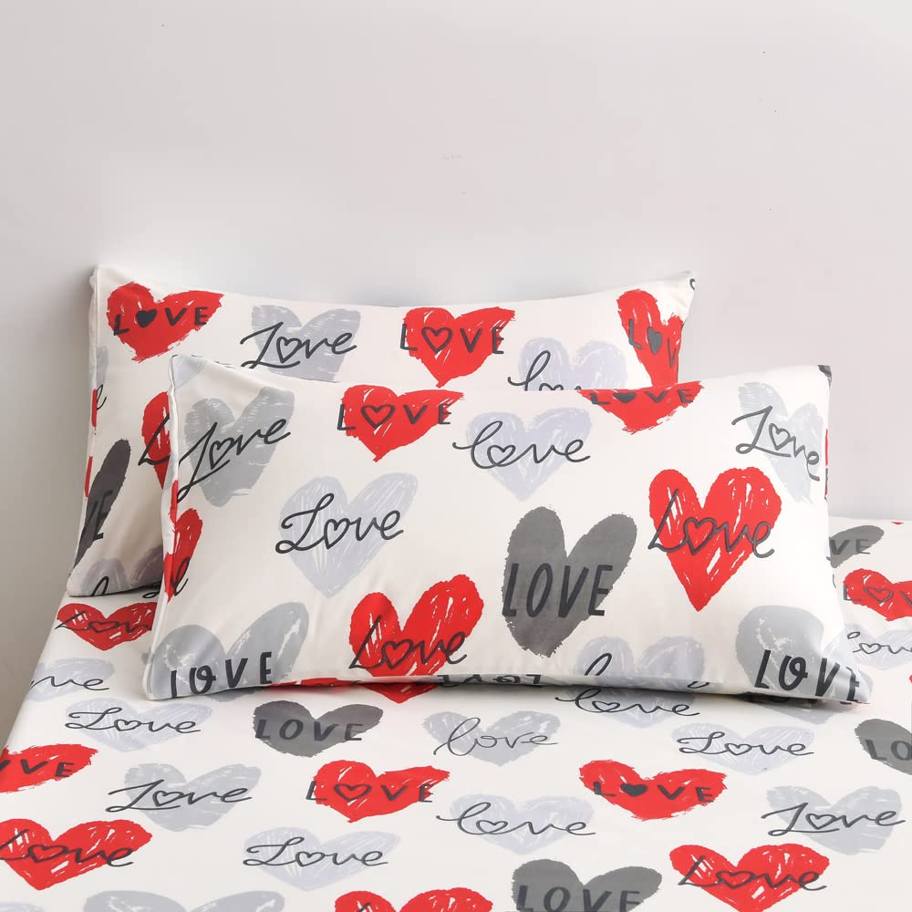 Feelyou Girls Heart Fitted Sheet Twin Size Women Hearted Love Pattern Bed Sheet Set for Kids Teens Bedroom Romantic Decor Red Gray Bedding Set with Pillow Case Microfiber Soft and Cozy Bed Cover