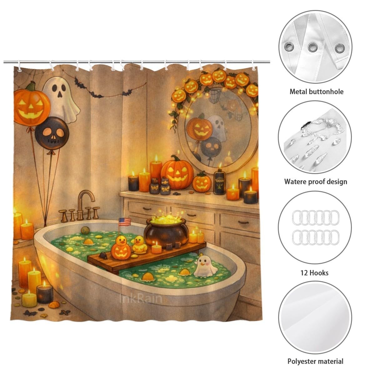 InkRain Halloween Shower Curtain for Bathroom Bathroom Decor Farmhouse Bathtub Decor Fabric Waterproof Bath Curtain 72x80 Inch with 12 Hooks