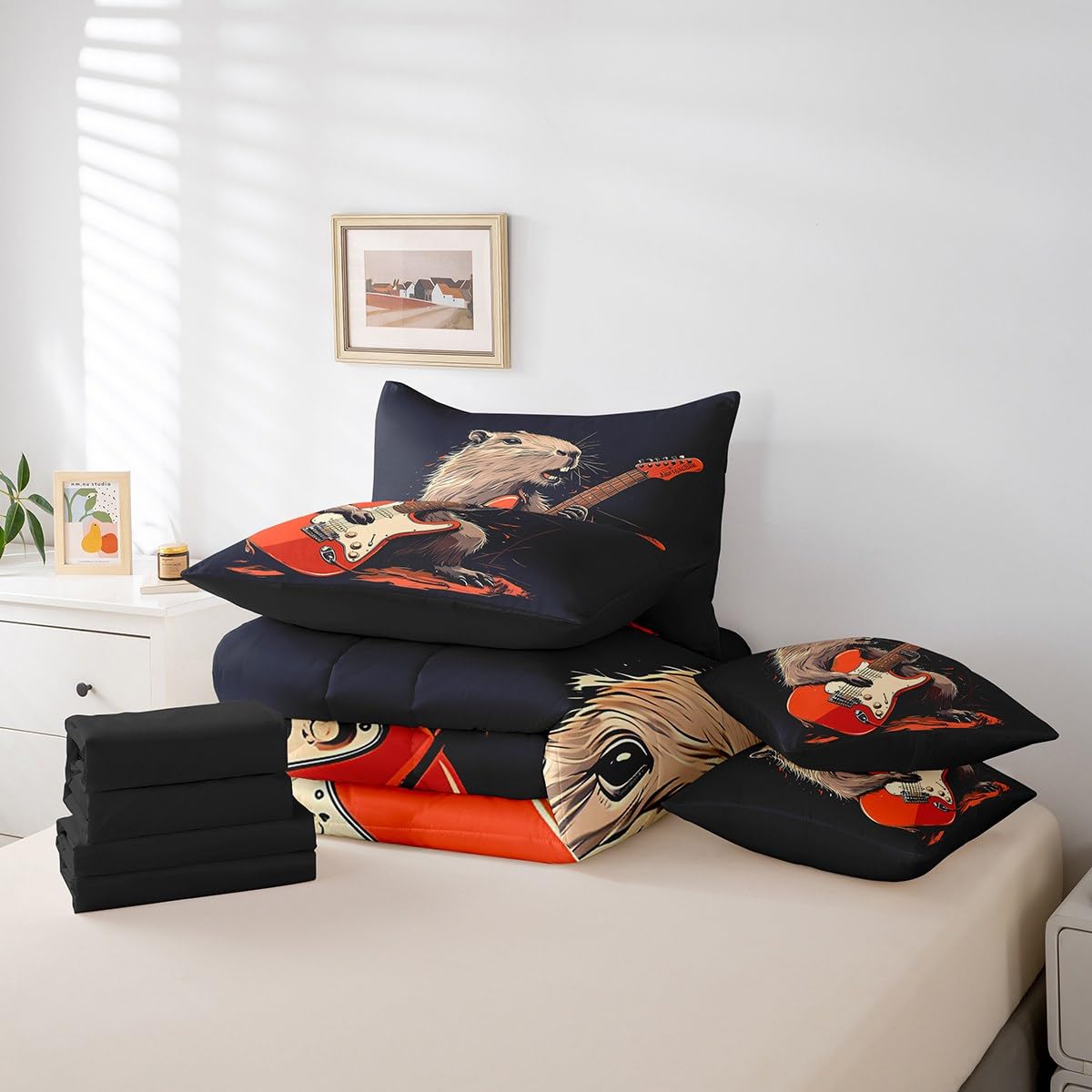 Lovely Capybara Twin Comforter Set with Sheets, Hipster Grunge Guitar 7 Piece Bedding Set Capybara Animals Lovers Bed in a Bag, Cute Beaver Rodent Animals Print Decor, Musical Instruments Decor
