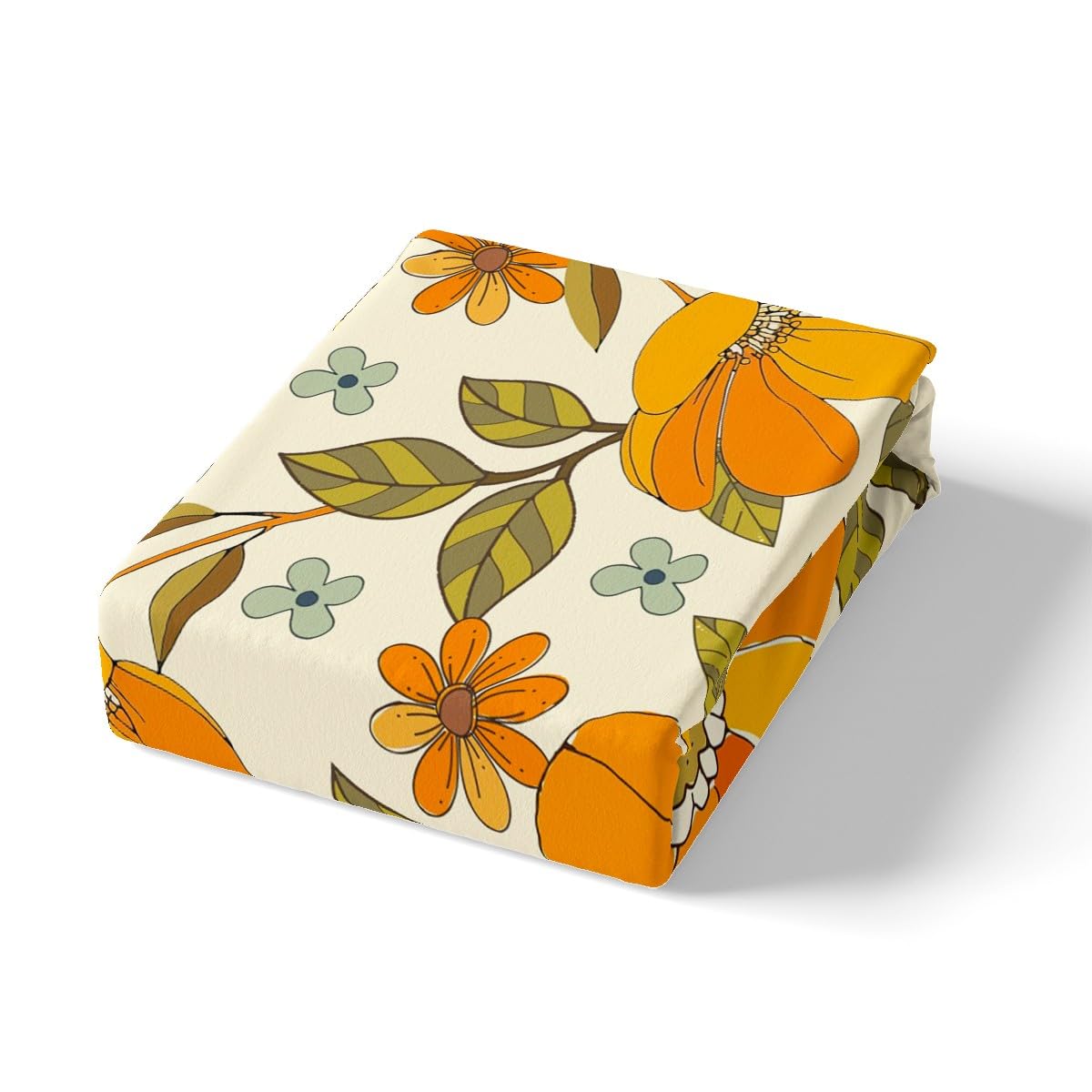 Castle Fairy Retro Flowers Full Fitted Sheet 4pcs,Watercolor Yellow Floral Green Leaves Plant Bed Sheet Set for Girls Teens Bedroom,70s Trippy Daisy Polyester Bedding Set with 1 Flat + 2 Pillowcases