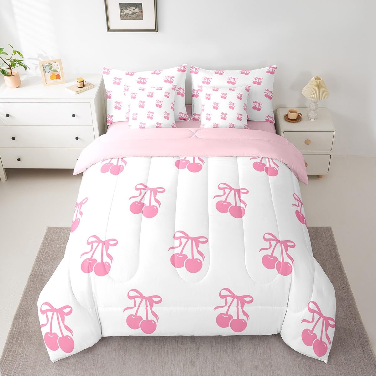 Erosebridal 7 Piece Pink Bowknot Kids Comforter Set King Bed in a Bag,Dreamy Princess Style Bedding Set for Girls Women Girlfriend,Girly Cherry Bows Sheet Set,Cartoon Bow Tie Duvet Insert