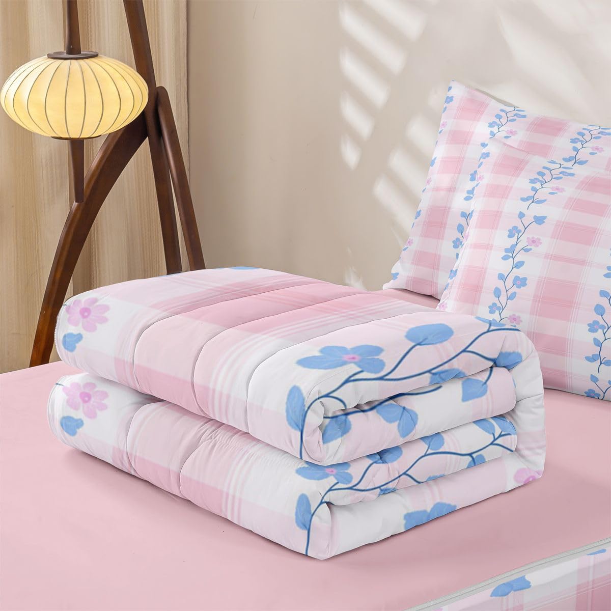 Feelyou Pink Flower Queen Zipper Bedding Set Botanical Floral Printed Kids Comforter Set with Fitted Sheet and 2 Pillowcases Natural Theme Bed in a Bag Zip Up Bedding Soft Microfiber