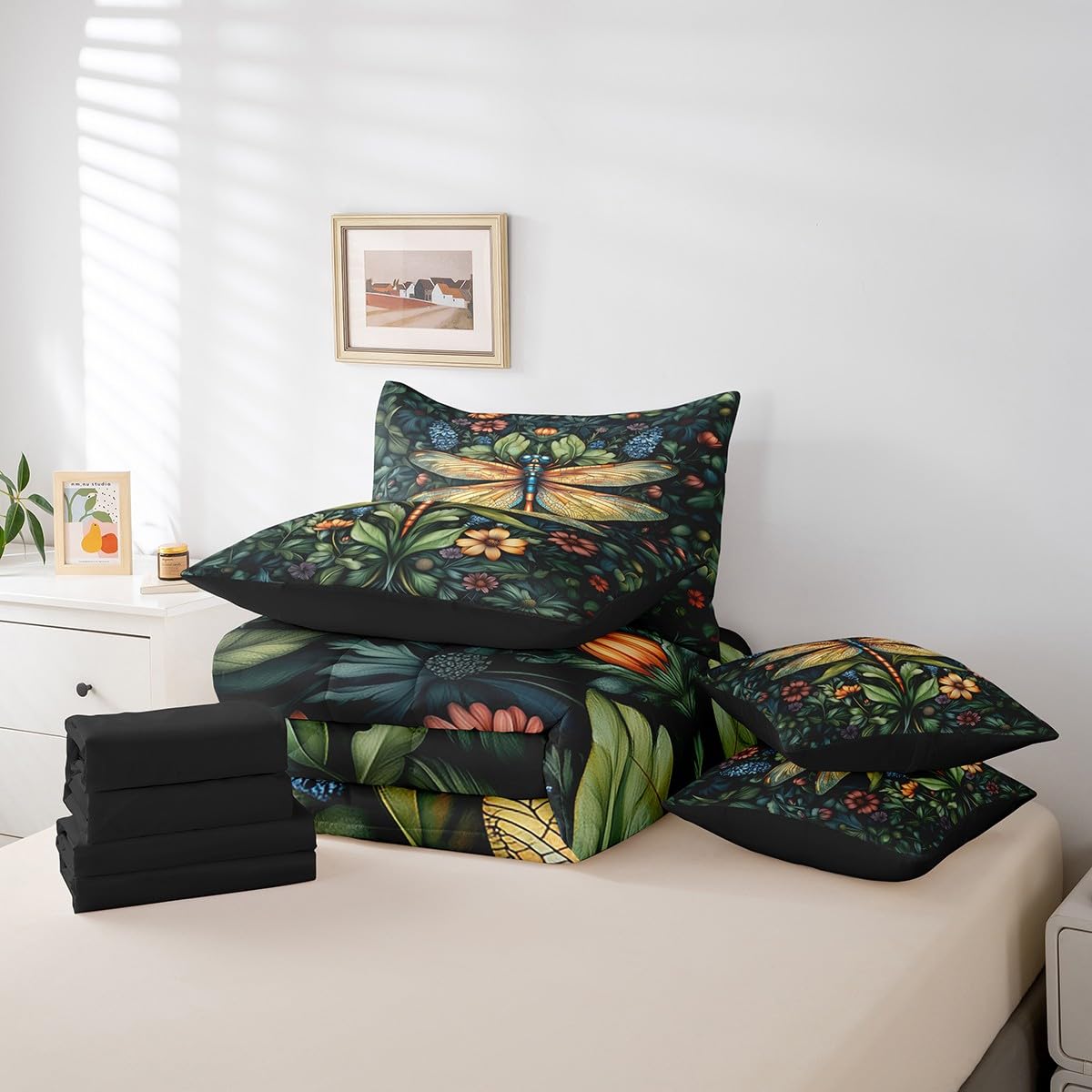 Erosebridal Dragonfly Bedding Set for Kids Teens,Flying Dragonflies Comforter Set King Size,Floral Leaves (Comforter+Fitted+Flat Sheet+2 Pillowcases+2 Throw Pillow Covers) 7 Pieces Bed Set