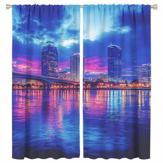 YFBBINS Romantic Urban Skyline Pattern Blackout Curtains Thermal Insulated for Bedroom Living Room, Modern Cityscape Rod Pocket Curtain Light Blocking Drapes, 2 Panels, Each 21 W x 45 L inch