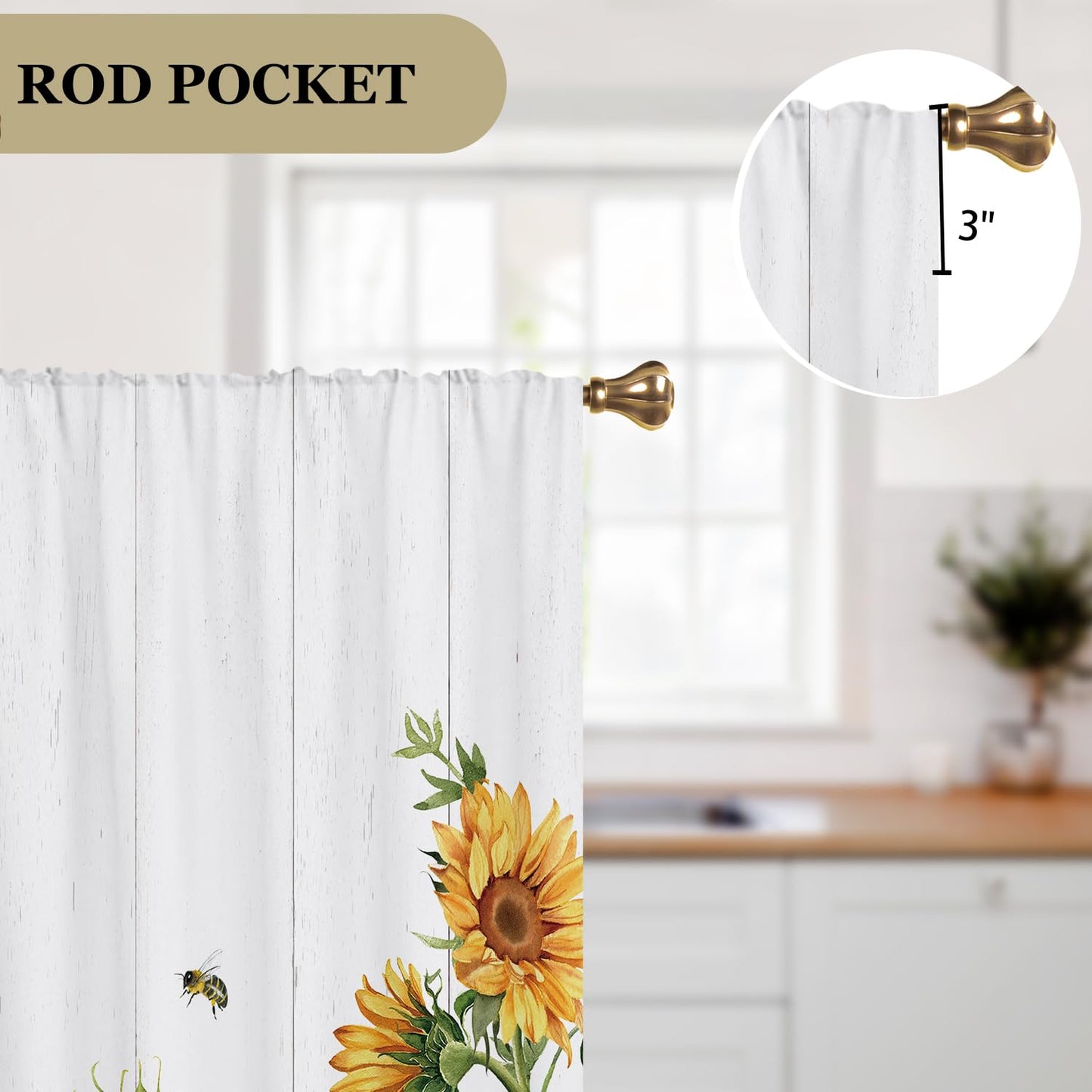 Cizuug Sunflower Farmhouse Kitchen Curtains Yellow Floral Flower Country Rustic Small Short Cafe Window Curtains Country Plant Rod Pocket Bathroom Window Drapes Treatment Curtains 2 Panels