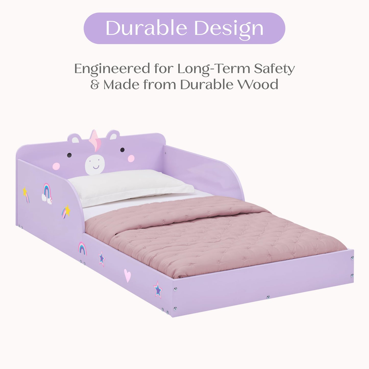 Delta Children Unicorn Wood Floor Toddler Bed with Reusable Stickers, Purple