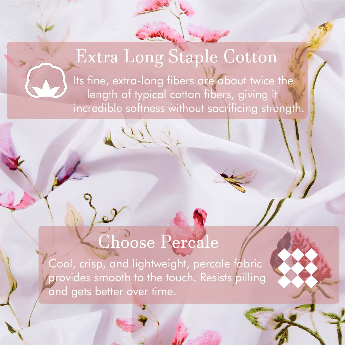 URBONUR Garden Floral Sheets 4 Piece Pink Bees Print Luxury 100% Cotton Bed Sheet Set - Silky & Smooth Bed Set for All Season Bedoom Decor Home Collection (4pcs, Queen, Pink Floral Bee)