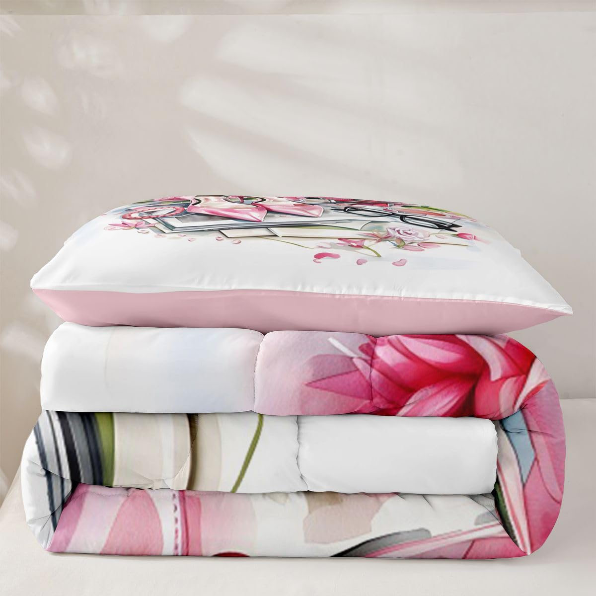 Erosebridal High Heel Comforter Set Rose Floral Twin Bedding Sets for Girls Children Boys Book Perfume Girly Coquette Comforter Fashion Makeup Theme Quilt