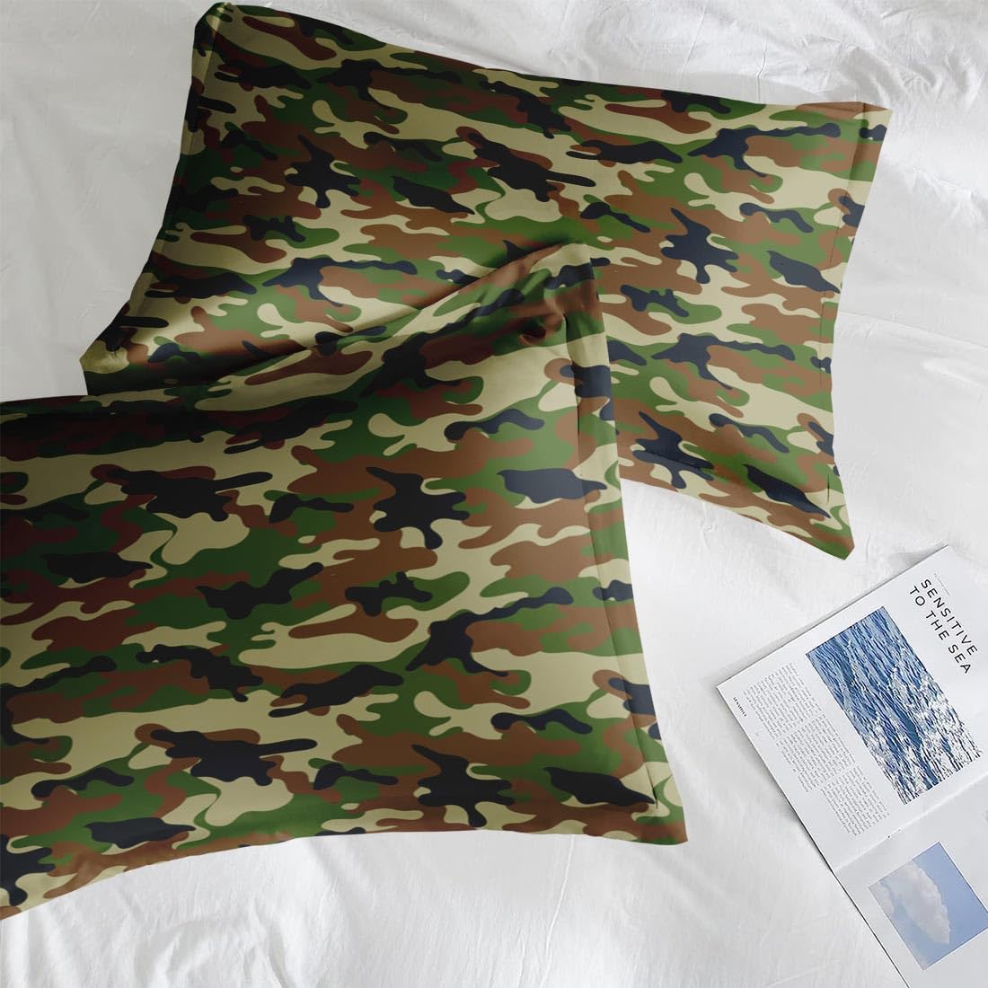 Pamnest Full Size Bed Sheet Sets, Camouflage Army Military Soft Microfiber 4 Pcs Bedding Sets for Kids and Adults Bedroom Bed Decor, Woodland Green Brown Camo Flat, Fitted Sheet and 2 Pillowcases