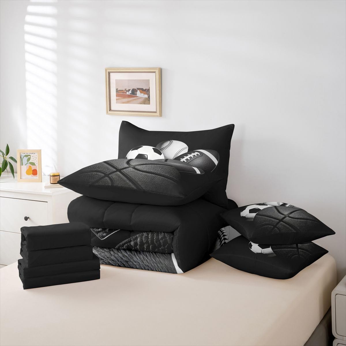 Feelyou Boys Sports Comforter Set Twin Size 7 Pieces Football Baseball Soocer Basketball Bedding Set Kids Black White Bed in a Bag with Sheets, Pillowcases, Cushion Covers Sports Gifts Room Decor Soft