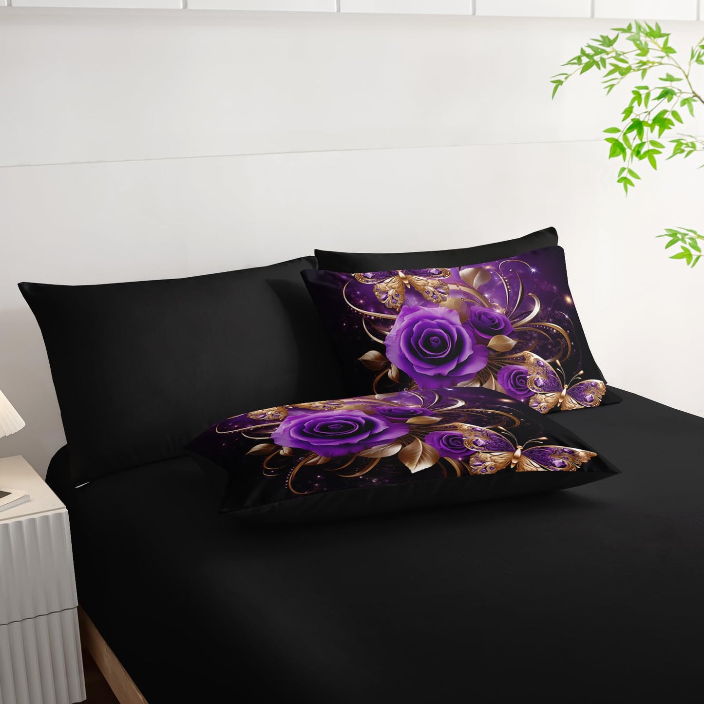 AILONEN Gold Purple Rose Flower Comforter Set Twin - 7Pcs Soft Floral Butterfly Bed in a Bag -Girls Rose Comforter,Fitted Sheet,Flat Sheet,2 Pillowcases,2 Pillow Shams for Women