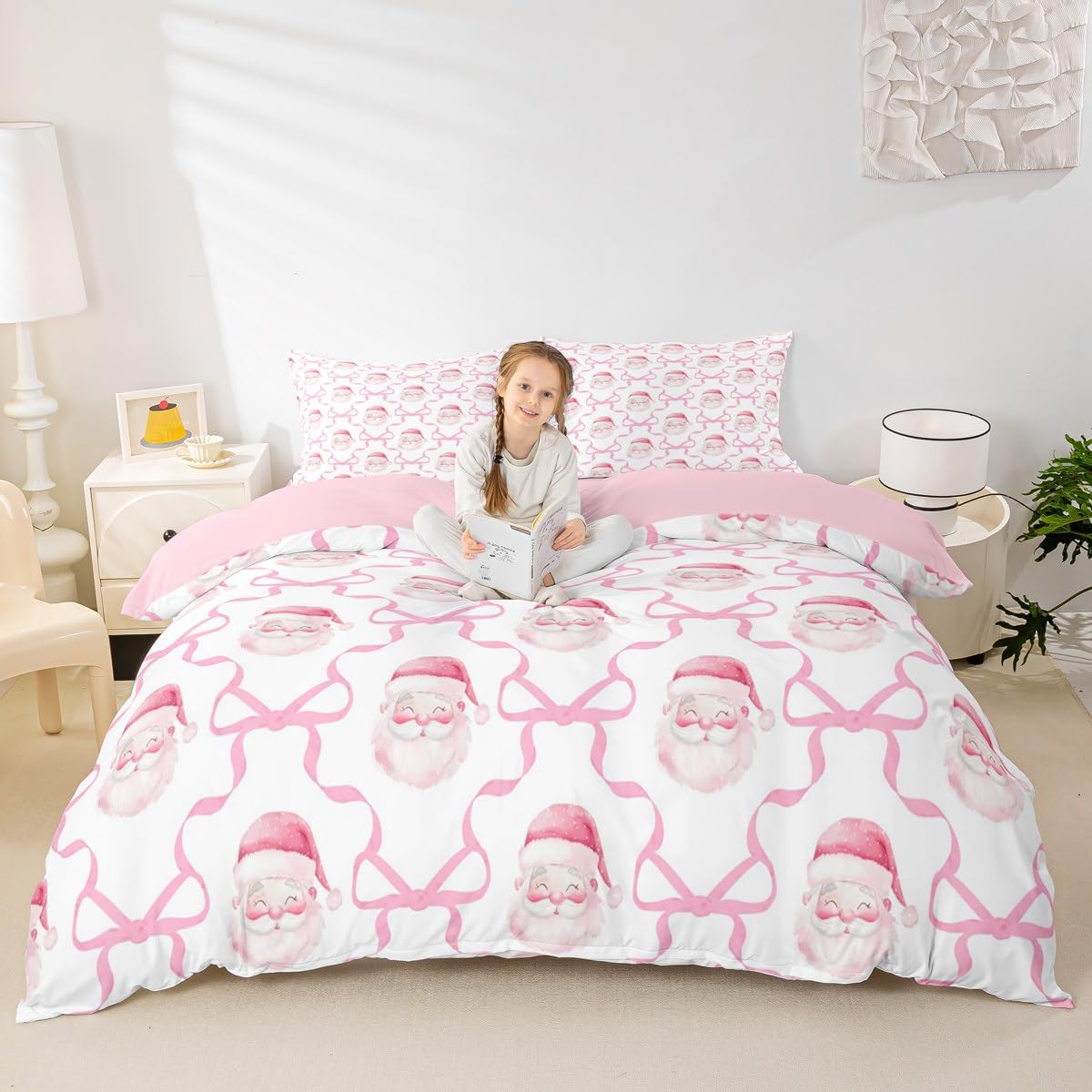 Castle Fairy Santa Claus Duvet Cover Set Twin Size,Pink Bow Print Bedding Sets 2Pcs for Kids Girls Boys Adult Room Decor,Merry Christmas Comforter Cover Pink Bowknot Grid Quilt Cover,1 Pillowcase