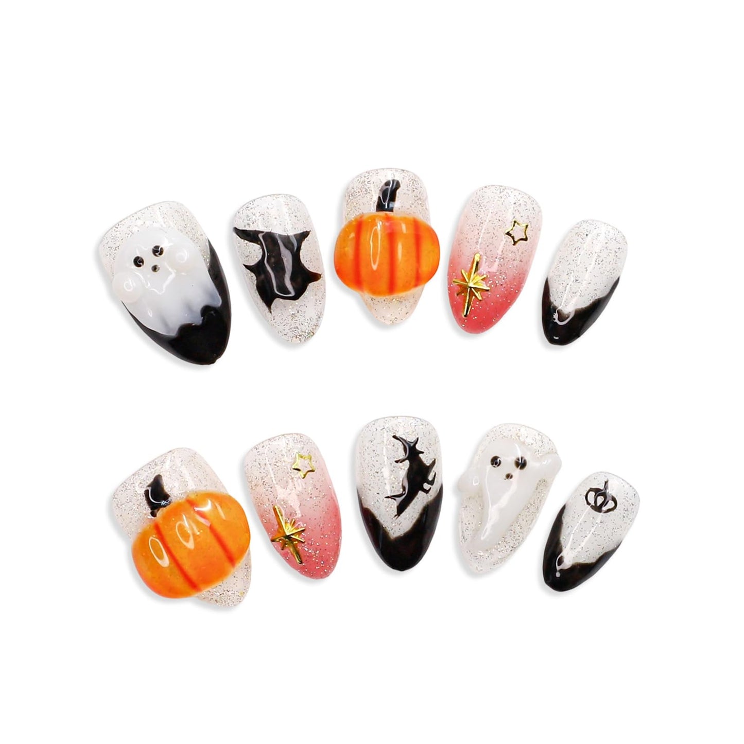Halloween Press on Nails Handmade 3D Cute Little Ghost & Pumpkin Fake Nails Design Muti-Layer Gel Acrylic Nail Glitter Stick on Nails Full Cover Short Almond Black French False Nail for Women (Size M)