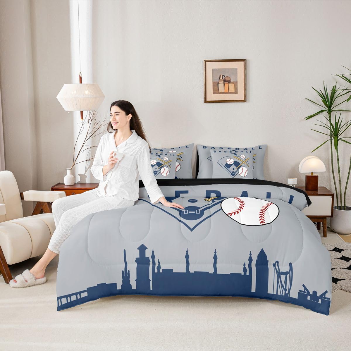 Erosebridal Boys Baseball Full Comforter Set Ball Sports Games 7 Pcs Bedding Set for Kids Teens Baseball Bat Bed in A Bag Softball City Building Sheet Sets for Youth Men Adult Bedroom