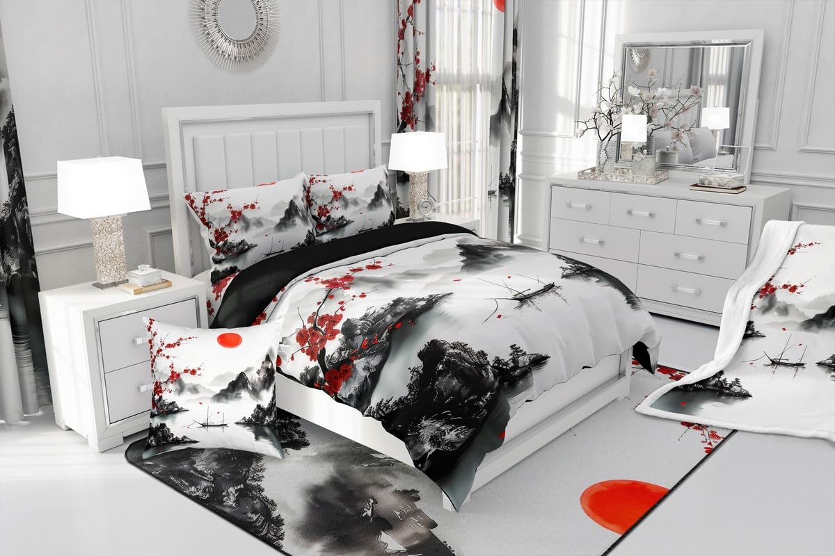 Feelyou Japanese Ukiyoe Theme Bedding Sheets Full Cherry Blossom Bed Sheet Set for Adult Kids Watercolor Fitted Sheet Natural Landscape Bed Cover 3Pcs,1 Fitted Sheet+2 Pillow Sham（No Flat Sheet）