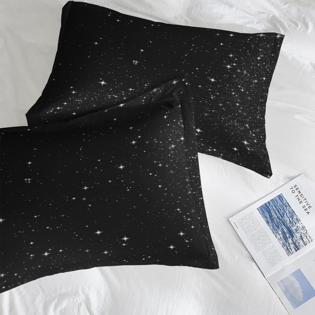 Pamnest Twin Size Bed Sheet Sets, Space Starry Deep Soft Microfiber 3 Pcs Bedding Sets for Kids and Adults Bedroom Bed Decor, Black Star Sky Flat, Fitted Sheet and Pillowcases
