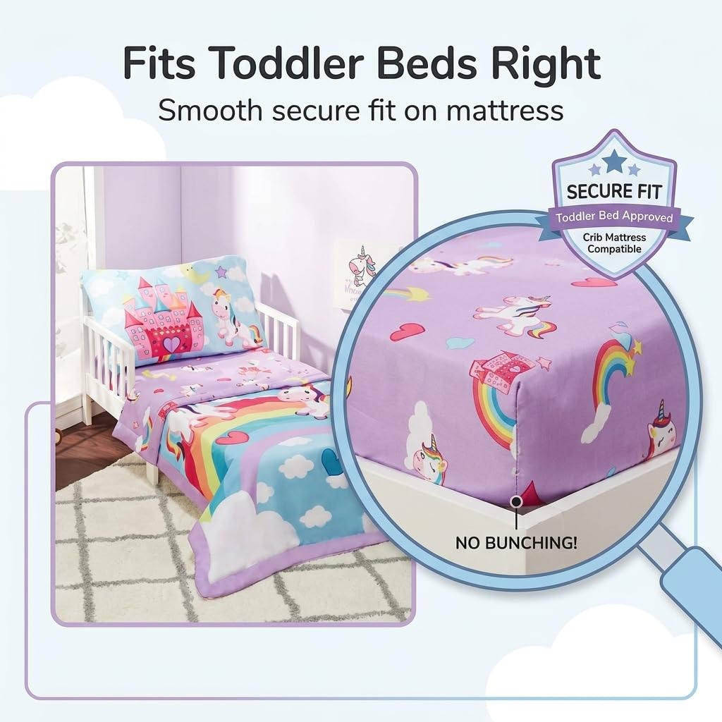 EVERYDAY KIDS 4 Piece Toddler Bedding Set - Unicorn Dreams - Includes Comforter, Flat Sheet, Fitted Sheet and Reversible Pillowcase