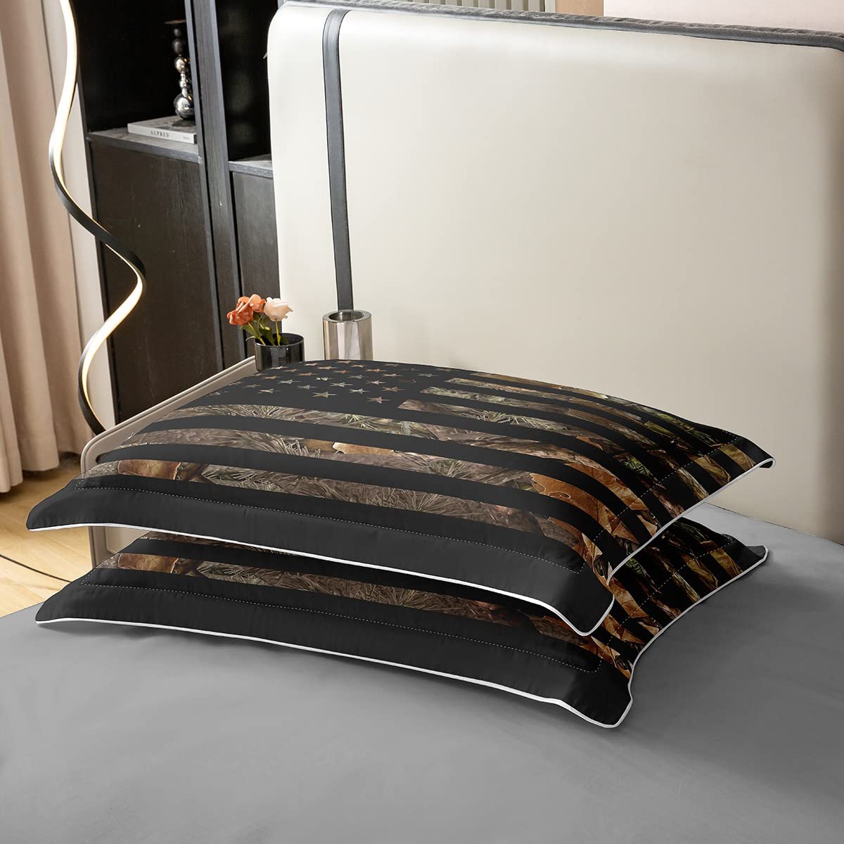 100% Cotton American Flag Camo Bedding Set Queen,Military Hunting Comforter Cover Rustic Trees Leaves Camouflage Duvet Cover For Boys Teens Kids Man Nature Conifer Oak Branches Quilt Cover