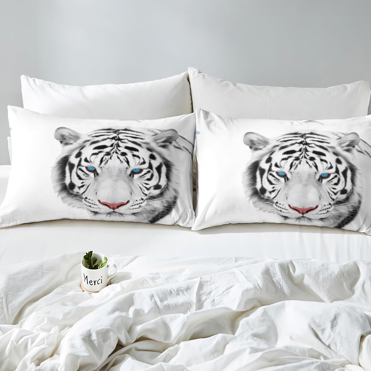 Feelyou Tiger Bedding Set White Tiger Print Bed Sheet Set for Kids Boys Adults 3D Animal Pattern Fitted Sheet Luxury Microfiber Bed Cover,Room Decor 3Pcs Sheets Full Size