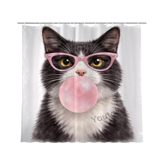 Youtoko Funny Tuxedo Cat Bathroom Decor Shower Curtain 72x72 Inch with 12 Hooks Cute Animal Pink Glasses Bubble Gum Pet Lover Watercolor Polyester
