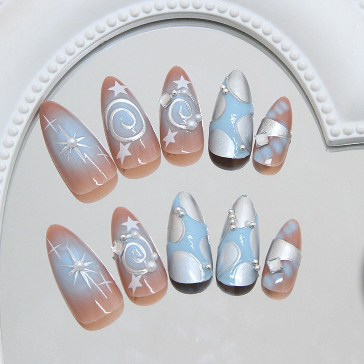 Press on Nails Almond Medium Fake Nails French Tip False Nails Press ons with Silver Starburst Design Glue on Nails Artificial Acrylic Nail Art Glossy Full Cover Stick on Nail Supplies for Women 24Pcs