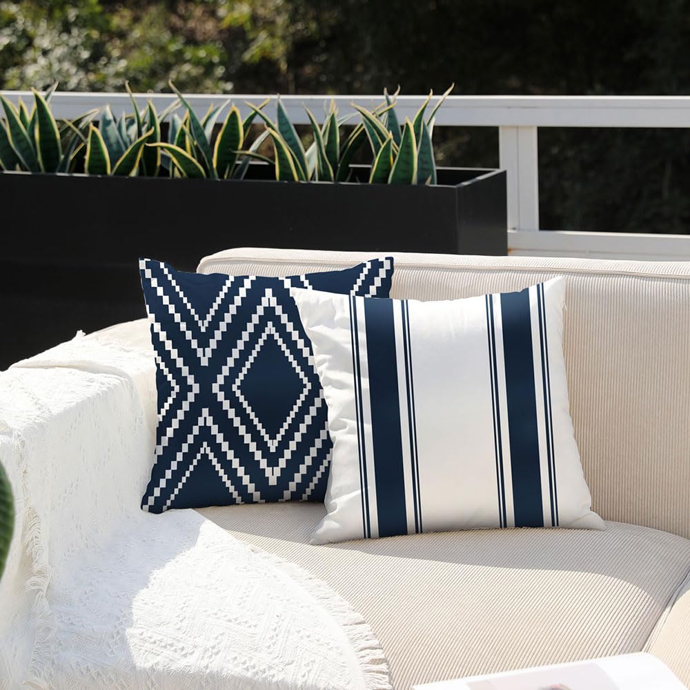 DFXSZ Outdoor Pillow Covers 18x18 Inch Set of 4 Navy Blue Waterproof Modern Geometry Throw Pillows Outdoor Summer Waterproof Decor for Patio Funiture Garden Polyester Cushion Covers 013N18