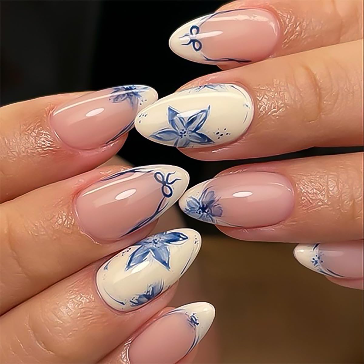 Stbisen Summer French Short Press On Nails Almond, Nude Fake Nails with Warm Ivory French Tip and Graceful Blue Floral Petal Design, Glossy Acrylic Nails, Natural Reusable Glue On Nails for Women