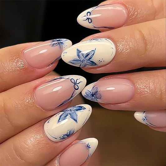 Stbisen Summer French Short Press On Nails Almond, Nude Fake Nails with Warm Ivory French Tip and Graceful Blue Floral Petal Design, Glossy Acrylic Nails, Natural Reusable Glue On Nails for Women
