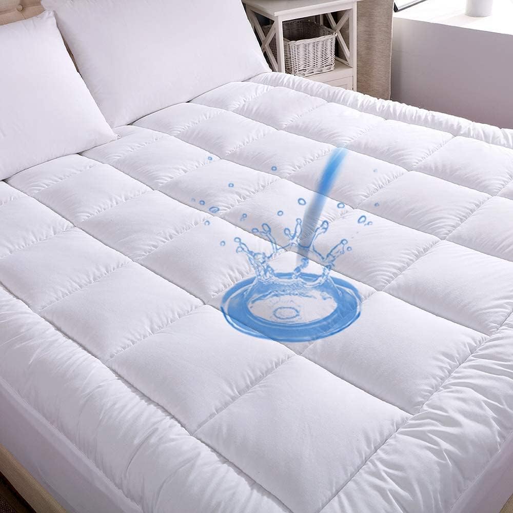 WhatsBedding Waterproof Mattress Topper Queen Size Cotton Top Down Alternative Filling Pillowtop Mattress Topper Cover-Fitted Quilted