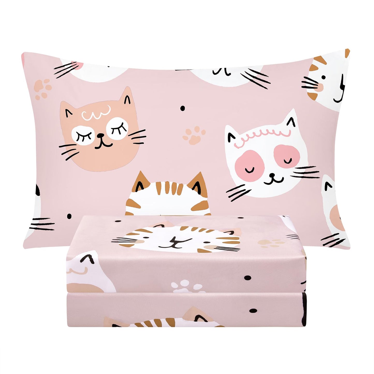 BYSURE Twin Sheets Set Kids(Cat Kitties, Pink), 3 Pieces Easy Fit Deep Pocket Sheets Set, Breathable Wrinkle-Free Microfiber Bedding for Children