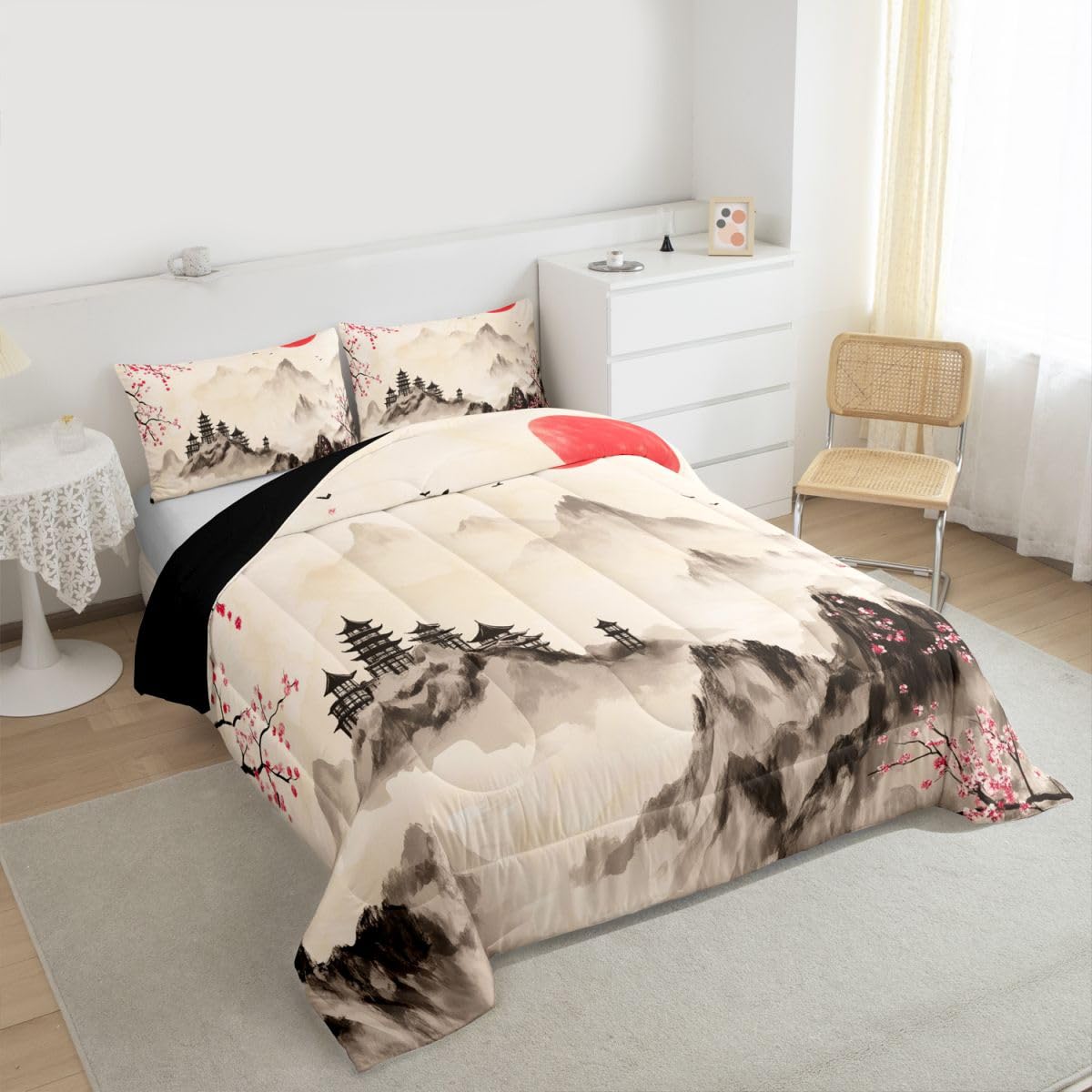 jejeloiu Chinese Ink Painting Comforter Set All Season Japanese Style Bedding Set with 2 Pillow Cases Mountain Red Sun Microfiber Kids Queen Bedclothes Cherry Blossom Bedroom Decor Duvet Quilt Soft