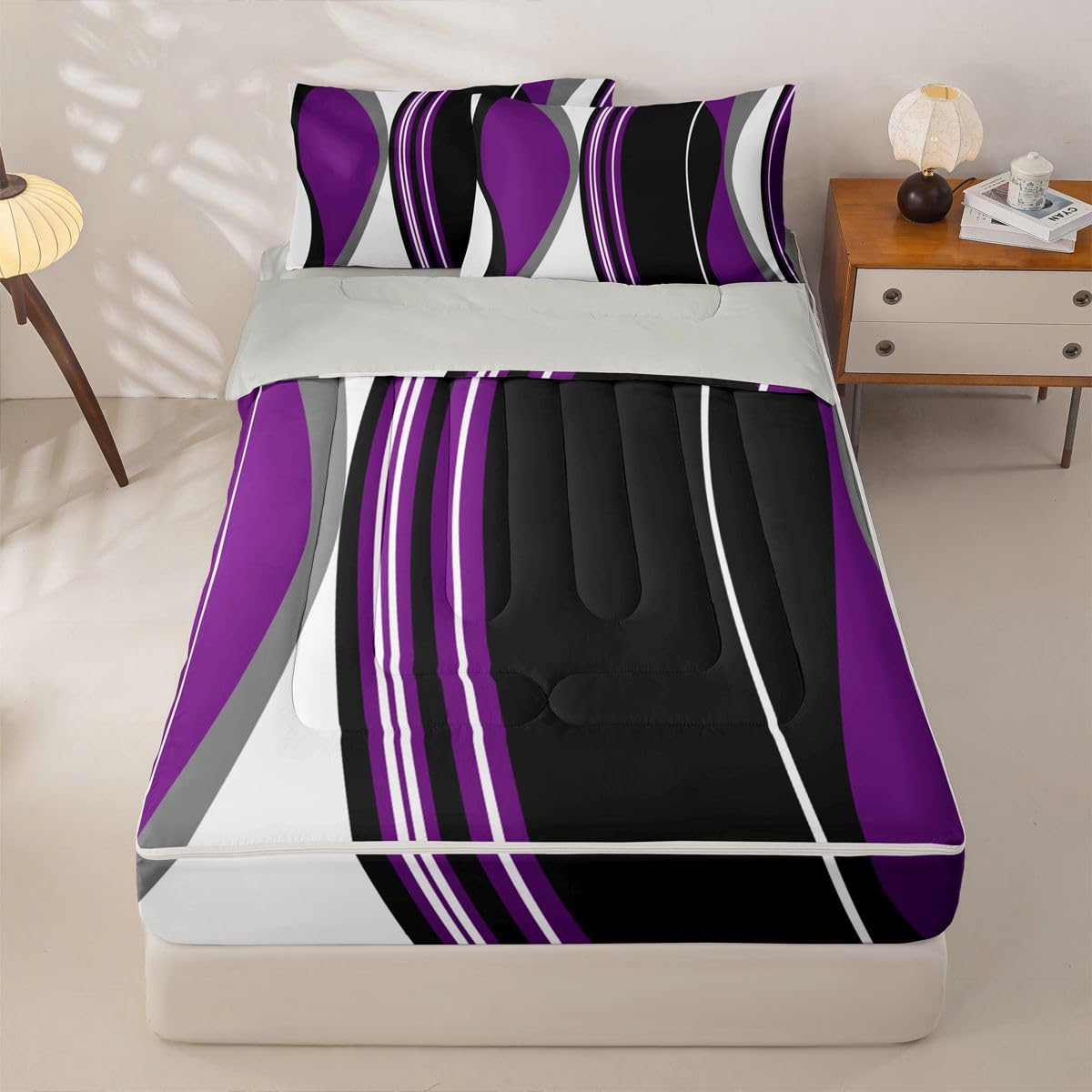 Erosebridal Purple Black Abstract Zipper Bedding Grey Modern Striped Twin Size Comforter Set Geometric Stripes Lines Sheets and Pillowcases Contemporary Art Boho Zipper Bedding Set Room Decor