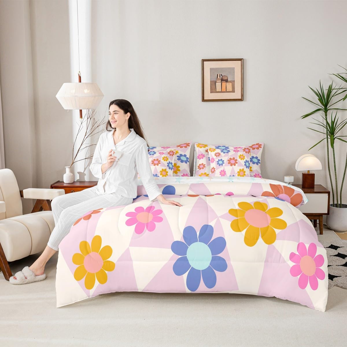 Erosebridal Daisy 7 Pcs Bedding Set for Teen Girls Cute Flower Comforter Set with Sheets Twin Size for Kids Young Women Children Cartoon Floral Bed in A Bag Abstract Aesthetic Geometric Bed Sets