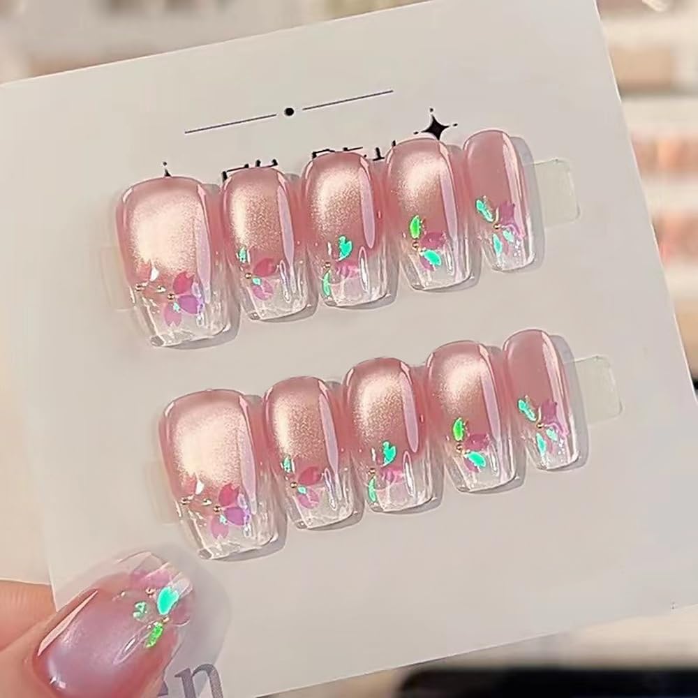 Hantyer Handmade Press on False Nails - Medium Coffin Nails, Pink Ombre French Tips with Cat Eye & Aurora Sakura Design, 10pcs Glossy Finished Reusable Gel Nails with Pearls Gift for Women (Size M)