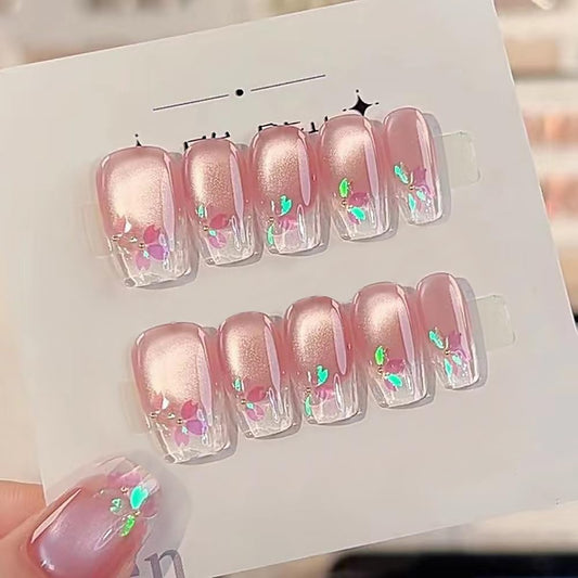 Hantyer Handmade Press on False Nails - Medium Coffin Nails, Pink Ombre French Tips with Cat Eye & Aurora Sakura Design, 10pcs Glossy Finished Reusable Gel Nails with Pearls Gift for Women (Size M)