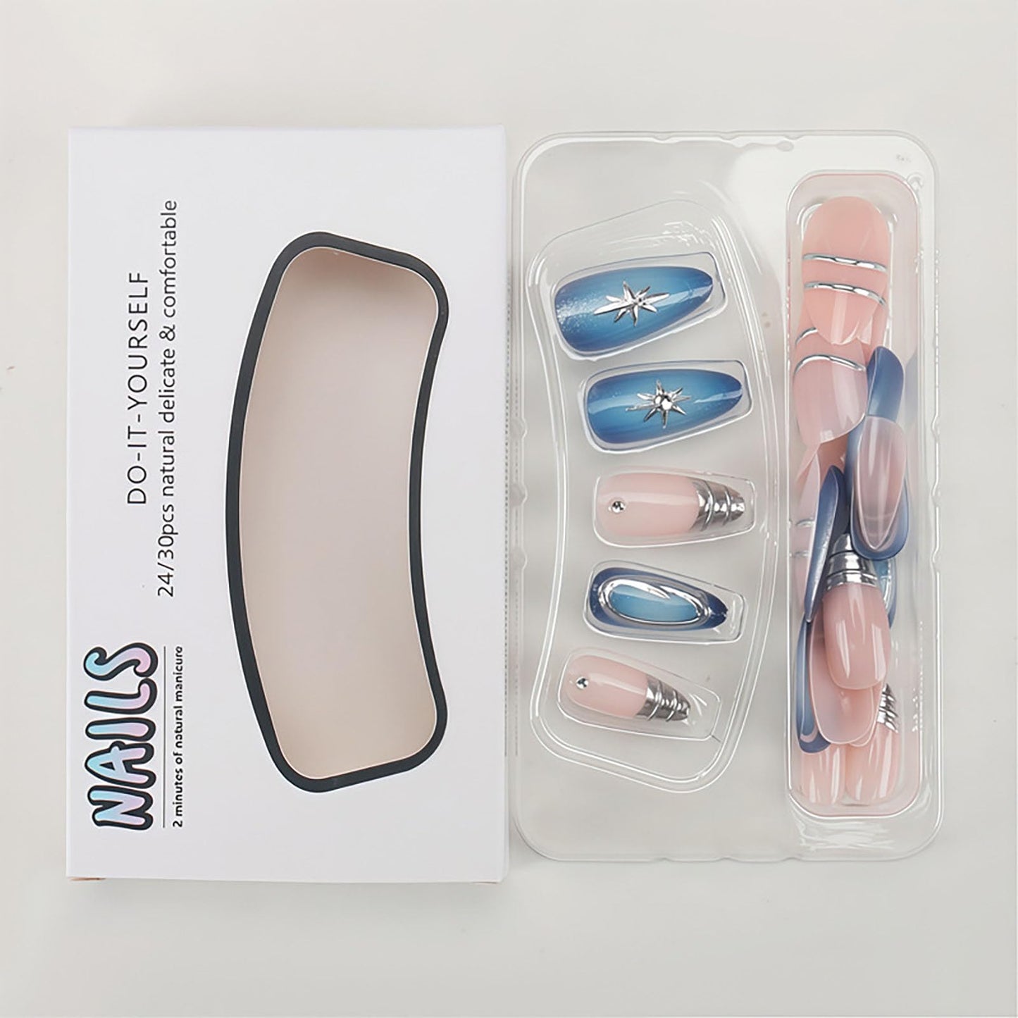 RUOKEXIN Almond Press on Nails French Tip Fake Nails Medium False Nails with 3D Designs Silver Nail Press ons Sparkly Artificial Nails for Women 24Pcs