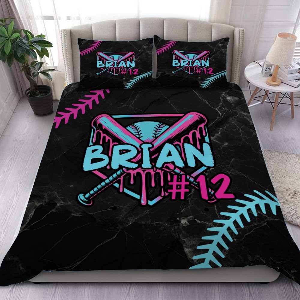 Personalized Baseball Ice Cream Drip Bedding Set with Name & Number, Sports Bed Set for Boys Bedroom Decor, Ultra-soft Lightweight for Teen Boys, Girls, and Sports Lovers (Baseball Ice Cream Drip #4)