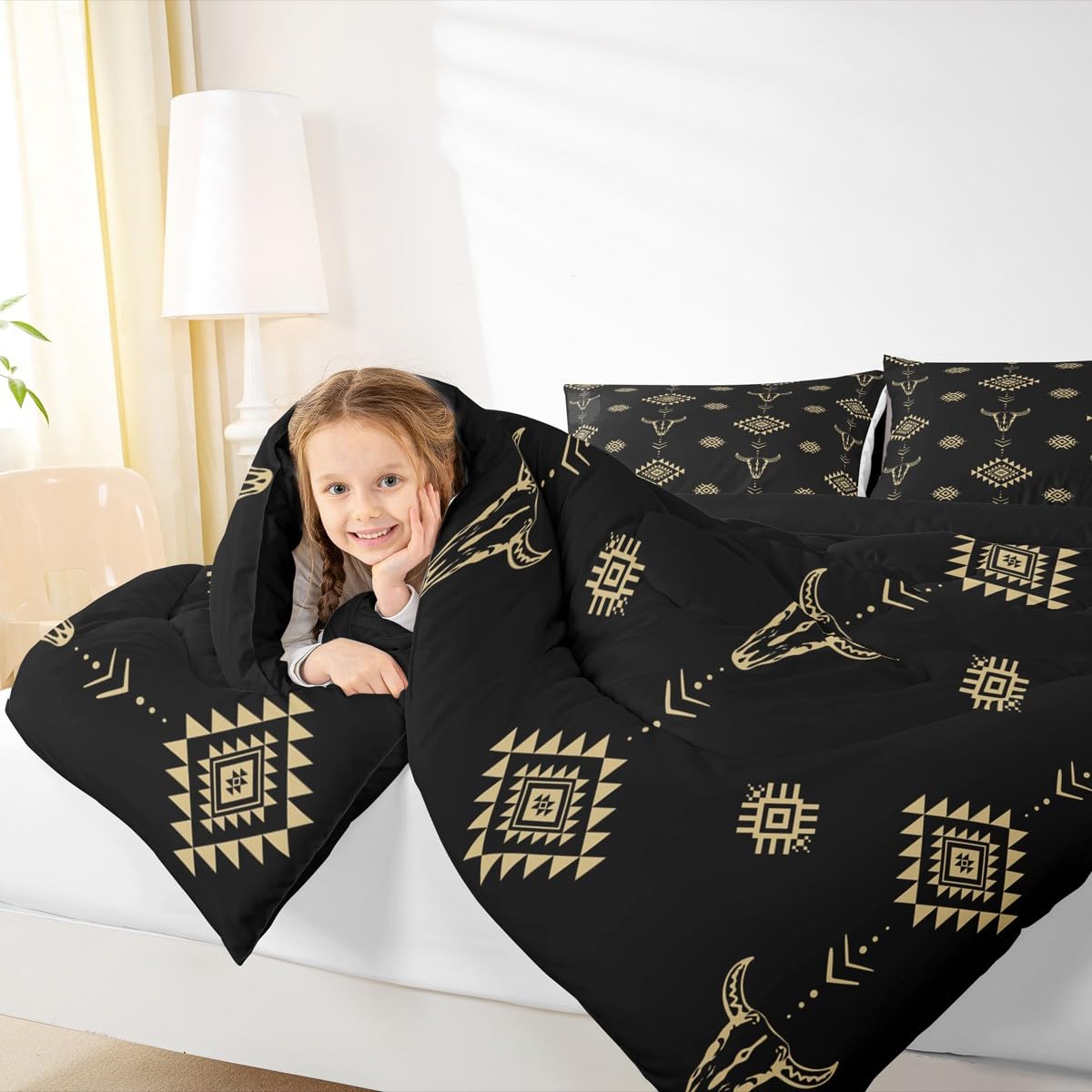 Castle Fairy Cow Skull Bed Comforter Set Queen Size,Aztec Bohemia Tribal Exotic Super Soft Microfiber Bedding Set for Girls Boys,Western Cowboy Black Gold Decorative Quilter Set 3 Pcs