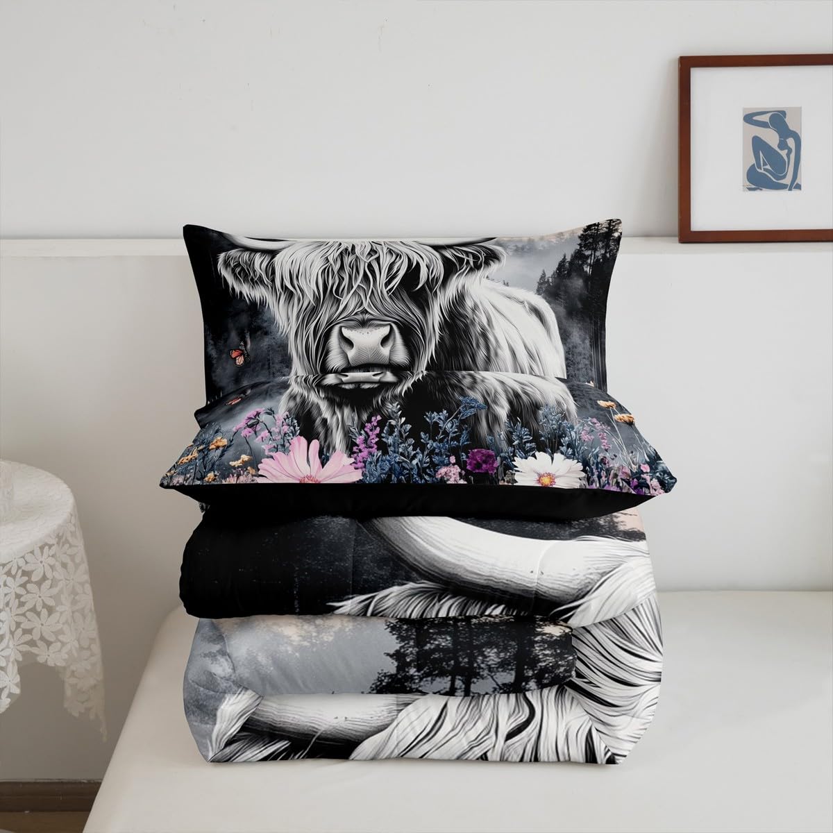 Erosebridal Highland Cow Flower Comforter Set Full Size Bull Cattle Bedding Set Western Funny Animal Duvet Stuffing Wildlife Farmhouse Cow Bed Quilt Mountain with Firforest Bedroom Decor