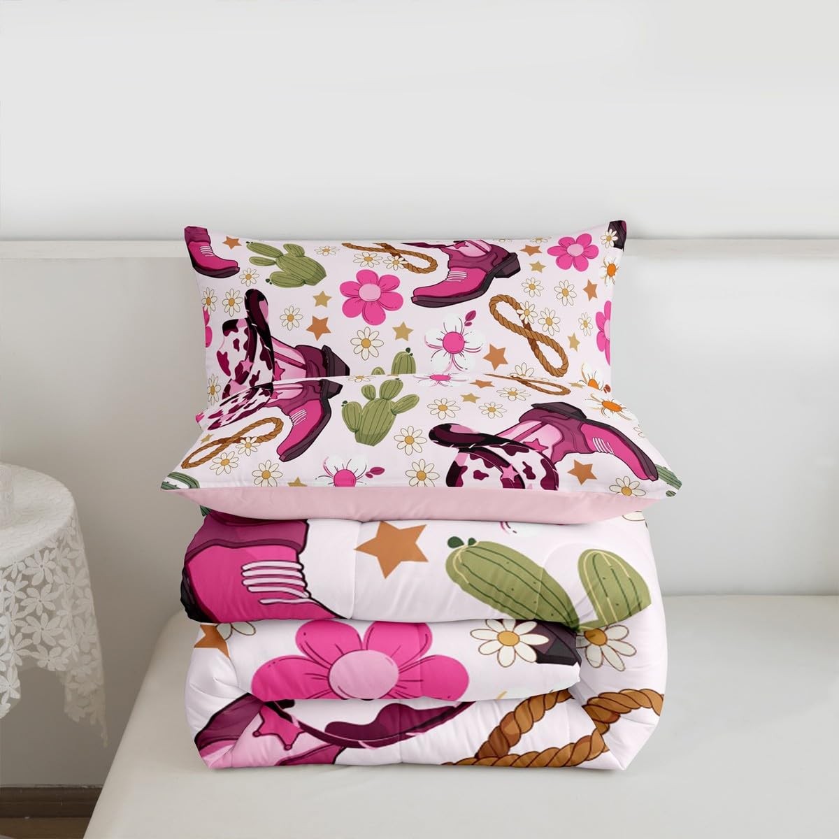 Feelyou Western Kids Comforter Set Full Size Cowgirl Floral Bedding Set Western Cowboy Boots Duvet Quilt for Kids Boys Girls Bedroom Wild West Cactus Flower Decor Light Pink Ultra Soft Breathable