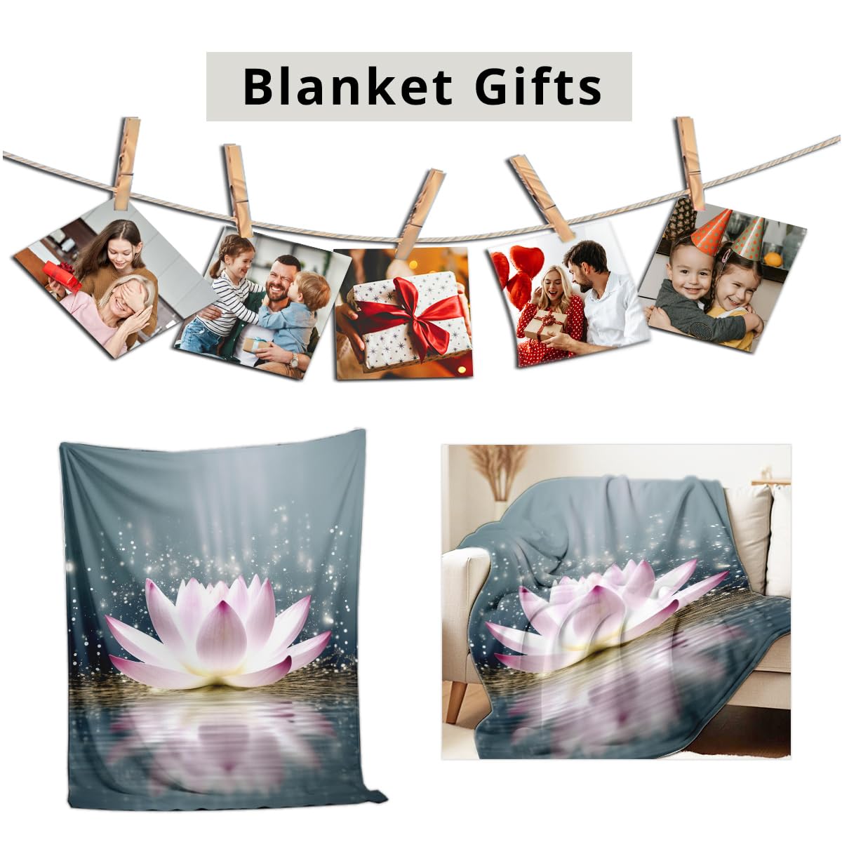 HUNXIAOJ Lotus Flower on Water Print Blanket White Floral Throw Blanket Zen Flannel Throw for Couch Bed Office Yoga Room Meditation Spa Decor Gifts (49"x59")