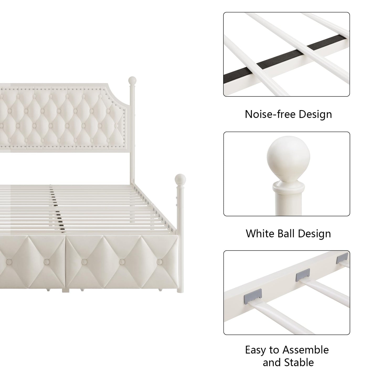 Keyluv Full Upholstered Canopy Bed Frame with 2 Storage Drawers & Button Tufted Headboard, Metal Platform Bed with 4 Removable Posts, Two-Purpose Velvet Bed, Beige/Curtain Not Included