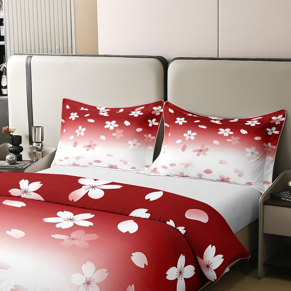 Erosebridal Japanese Style Girls Comforter Cover Twin Size 100% Cotton Aesthetic Romantic Cherry Blossom Duvet Cover Green White Ombre Bedding Set Sakura Theme Spring Plants Bed Set for Kids Boys