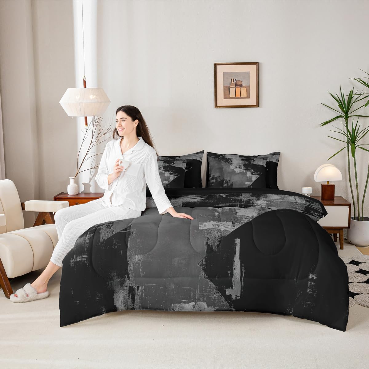 Feelyou Abstract Comforter Set with Sheets 7 Piece King Size Modern Abstract Art Bed in a Bag Kids Boys Girls Luxury Bedding Set Geometric Bedroom Decor Gray and Black Soft Lightweight Microfiber