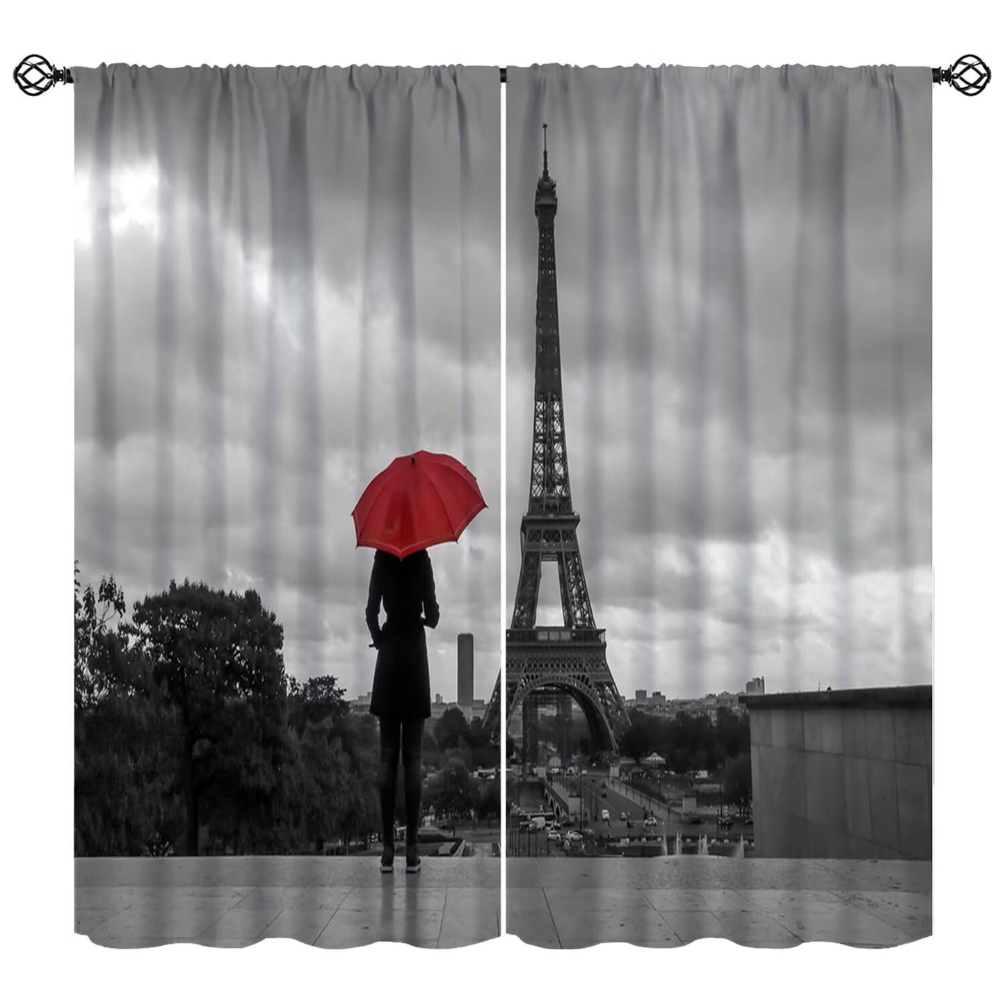 ACOOLTD Paris Eiffel Tower Window Curtains Black Red Umbrella White Style Rod Pocket Blackout Treatments for Living Room Bedroom Home Decor Window Drapes 2 Panels 42" W X 45" L